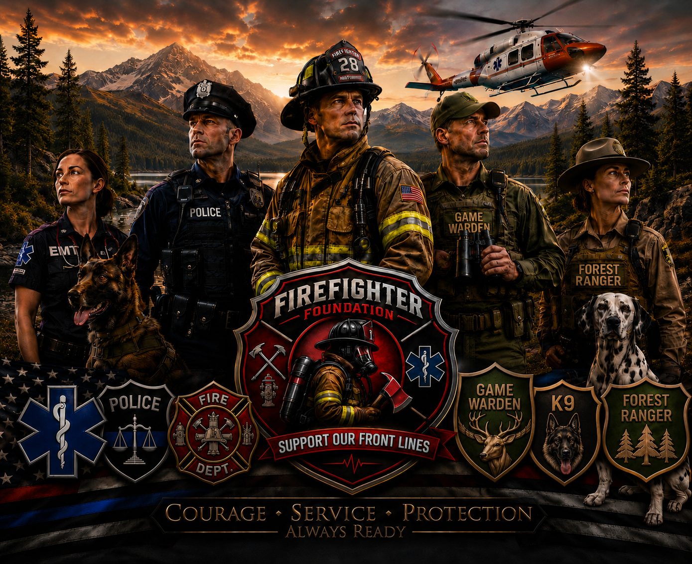 Maine first responders the Firefighter Foundation supports: firefighter, police officer, EMT, game warden, forest ranger and K-9 units